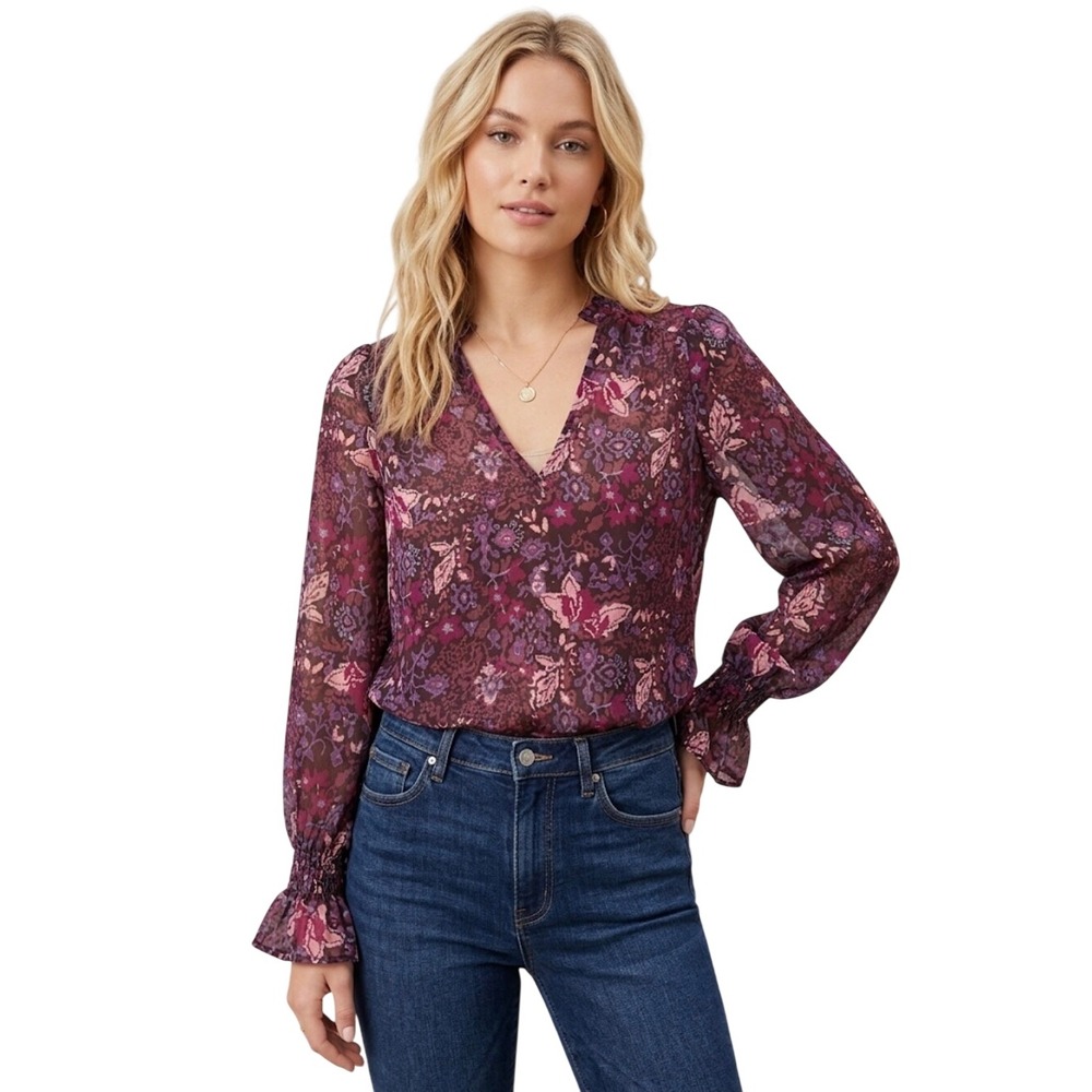 AQUA Bloomingdales Purple Floral‎ Smocked Cuff Blouse Size Small Butterfly NEW